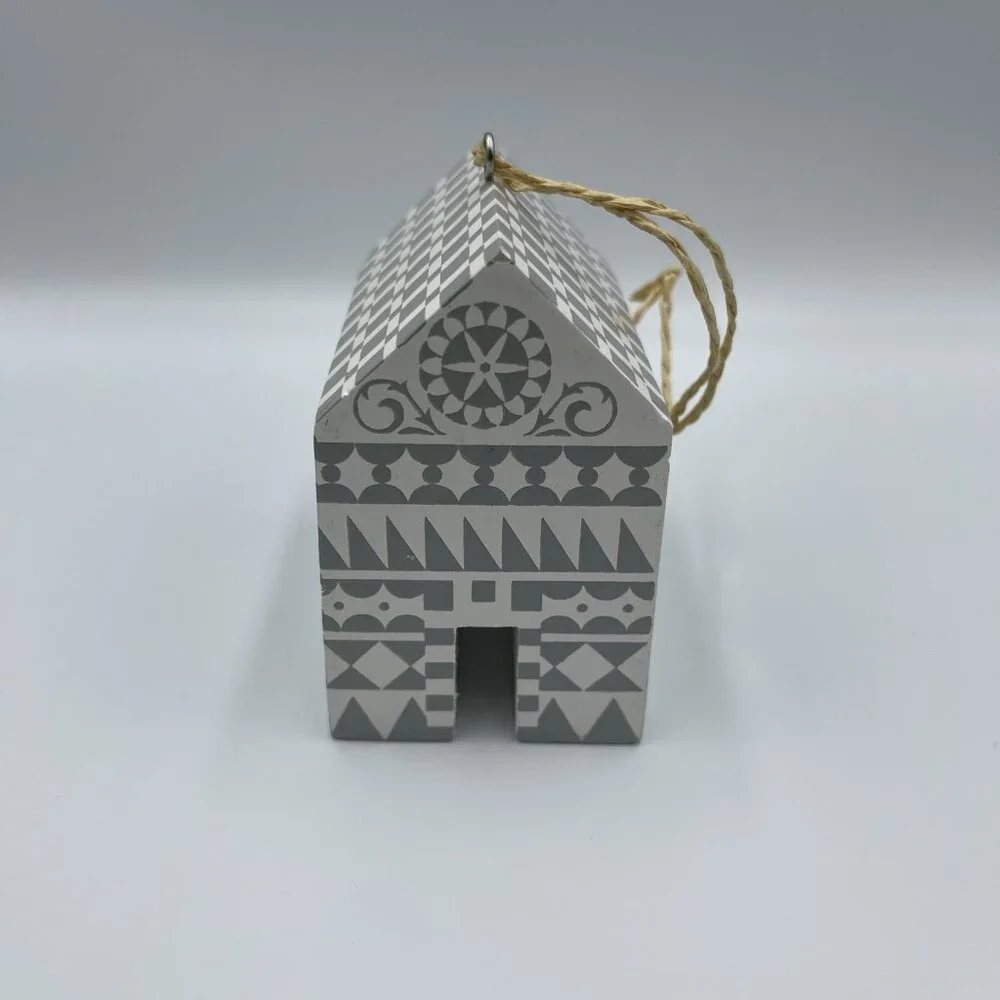 2013 Crate & Barrel Studiopatro Wooden House Christmas Ornament Hearts & Homes